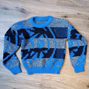 Vtg Kid's Boys Sz 6 Geometric Blue Black Silver Sweater